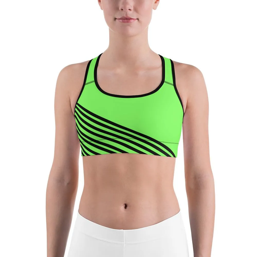 Neon Green Striped Sports Bra, Black Diagonal Stripe Print Fitness Bra - Made in USA/EU