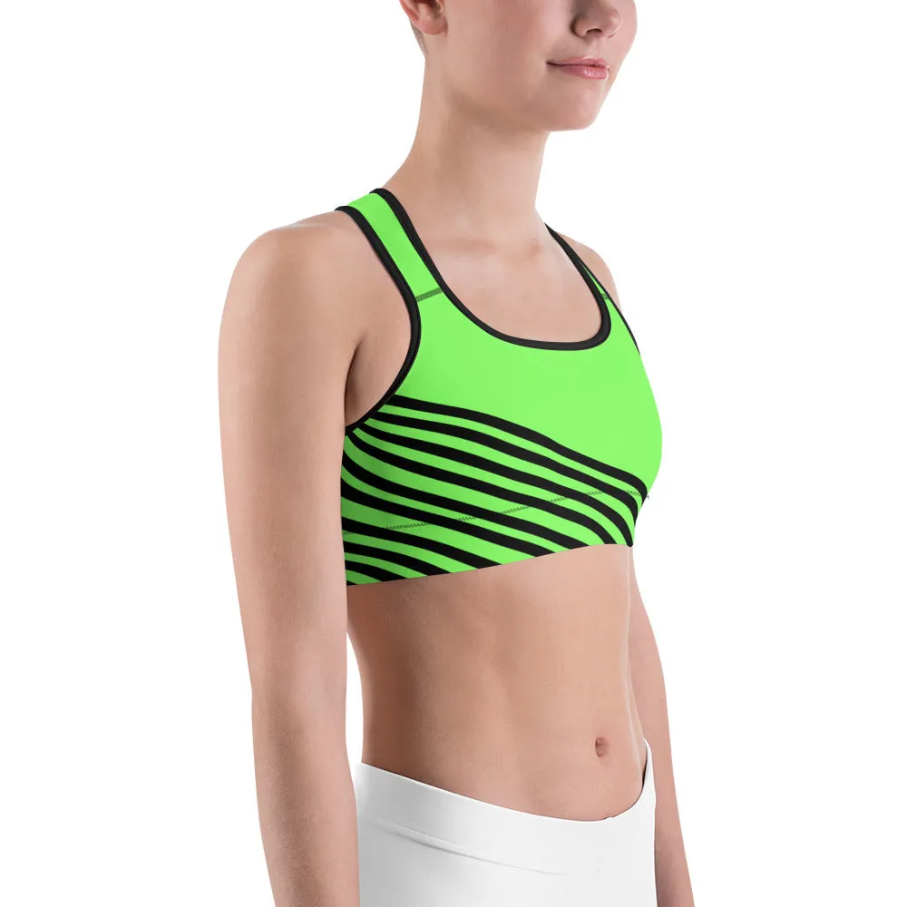 Neon Green Striped Sports Bra, Black Diagonal Stripe Print Fitness Bra - Made in USA/EU