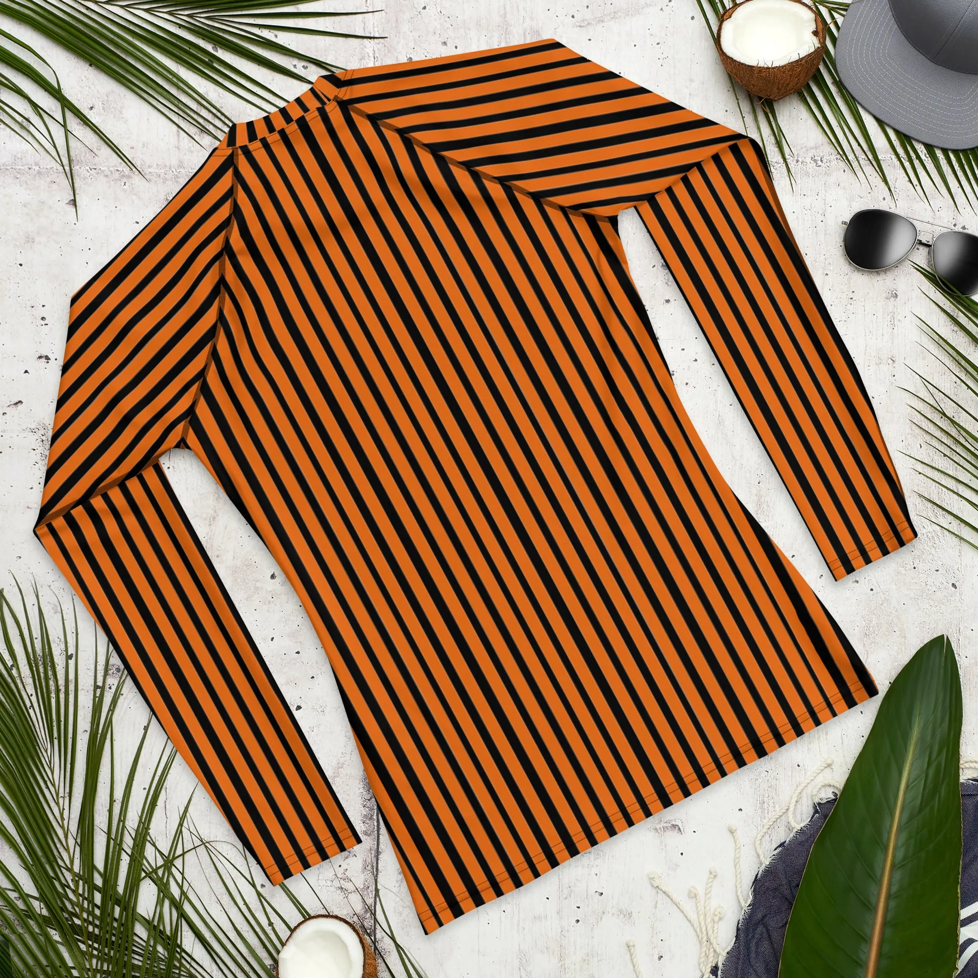 Orange Black Striped Men's Top, Vertical Striped Designer Men's Rash Guards For Water Sports - Made in USA/EU/MX