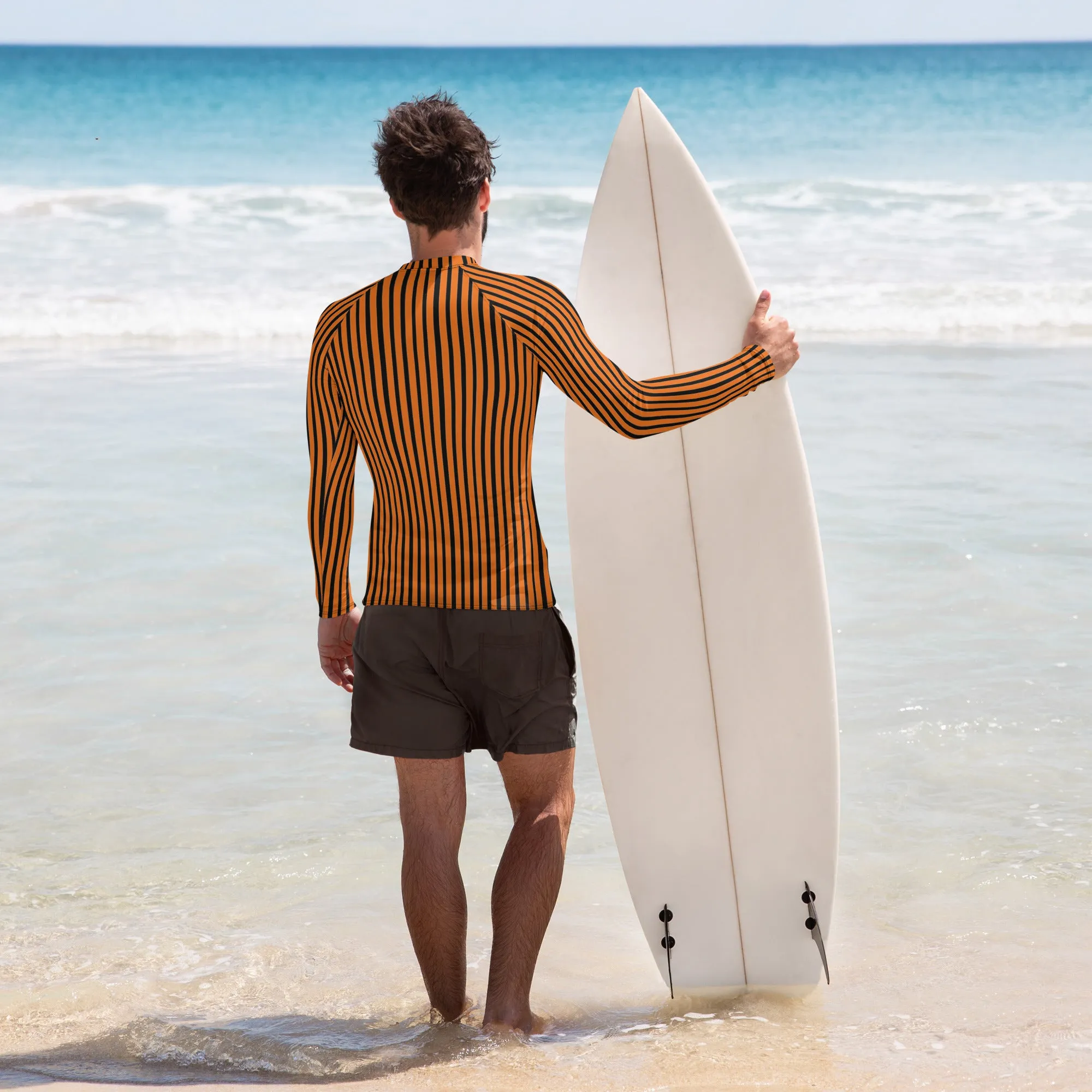 Orange Black Striped Men's Top, Vertical Striped Designer Men's Rash Guards For Water Sports - Made in USA/EU/MX