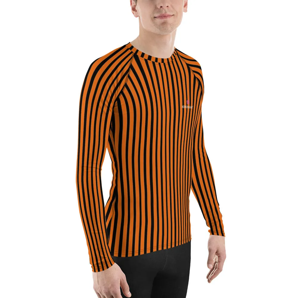 Orange Black Striped Men's Top, Vertical Striped Designer Men's Rash Guards For Water Sports - Made in USA/EU/MX