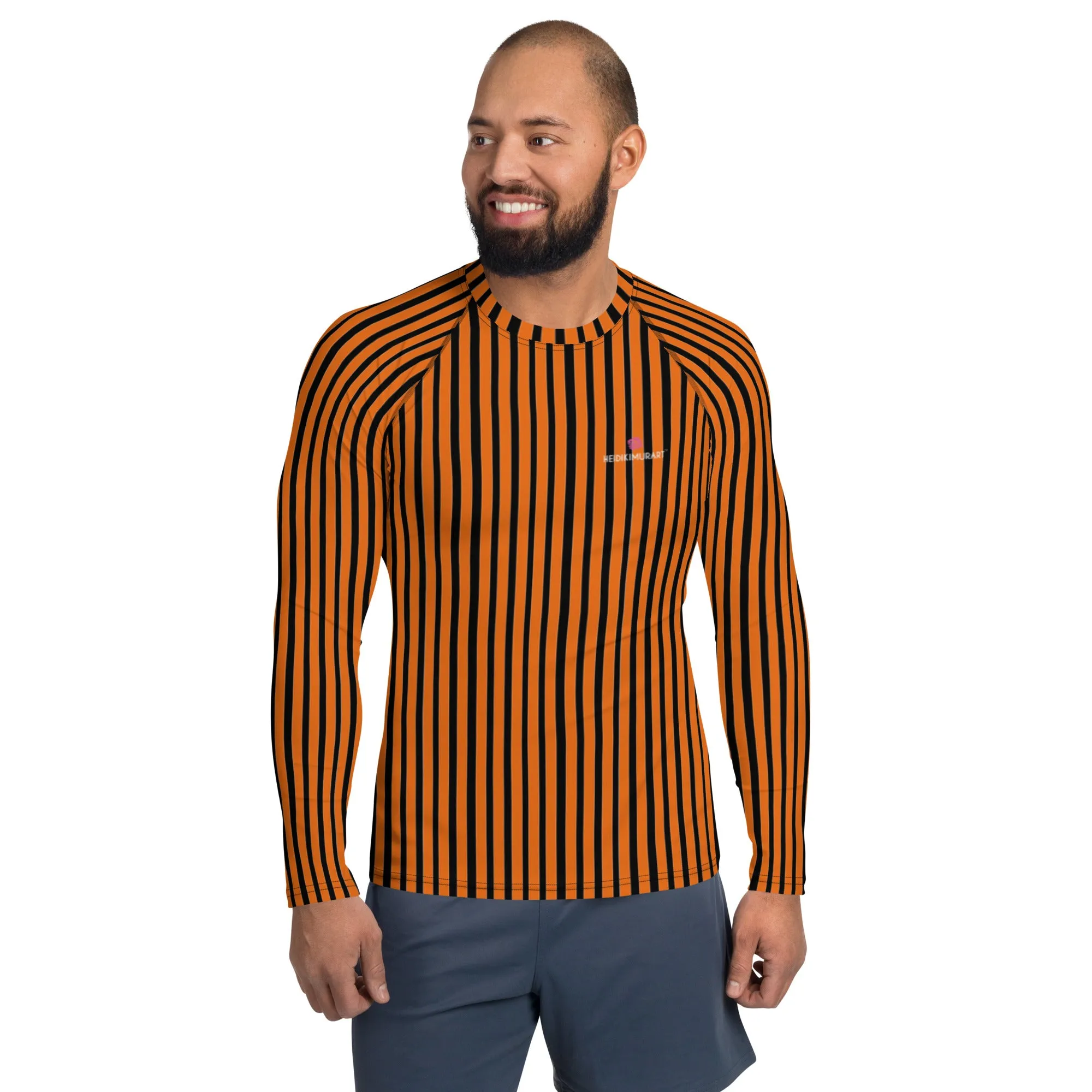 Orange Black Striped Men's Top, Vertical Striped Designer Men's Rash Guards For Water Sports - Made in USA/EU/MX