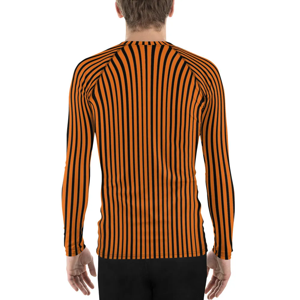 Orange Black Striped Men's Top, Vertical Striped Designer Men's Rash Guards For Water Sports - Made in USA/EU/MX