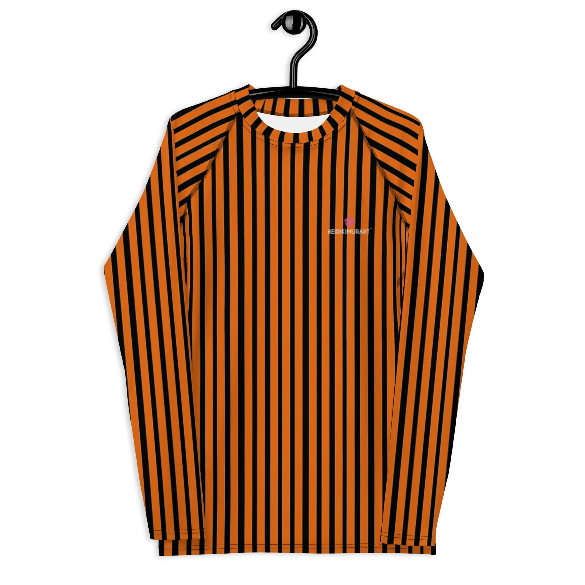 Orange Black Striped Men's Top, Vertical Striped Designer Men's Rash Guards For Water Sports - Made in USA/EU/MX