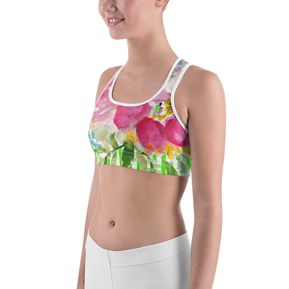 Pink Floral Sports Bra, Green Pink Colorful Floral Print Women's Gym Bra-Made in USA/EU