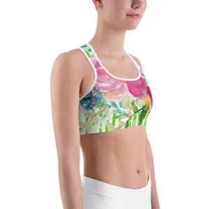 Pink Floral Sports Bra, Green Pink Colorful Floral Print Women's Gym Bra-Made in USA/EU