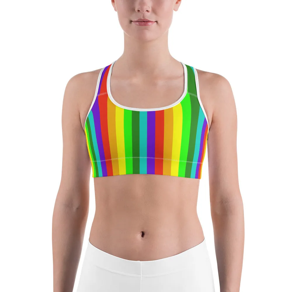 Rainbow Striped Women's Sports Bra, Colorful Bright Workout Fitness Bra-Made in USA/EU (XS-2XL)