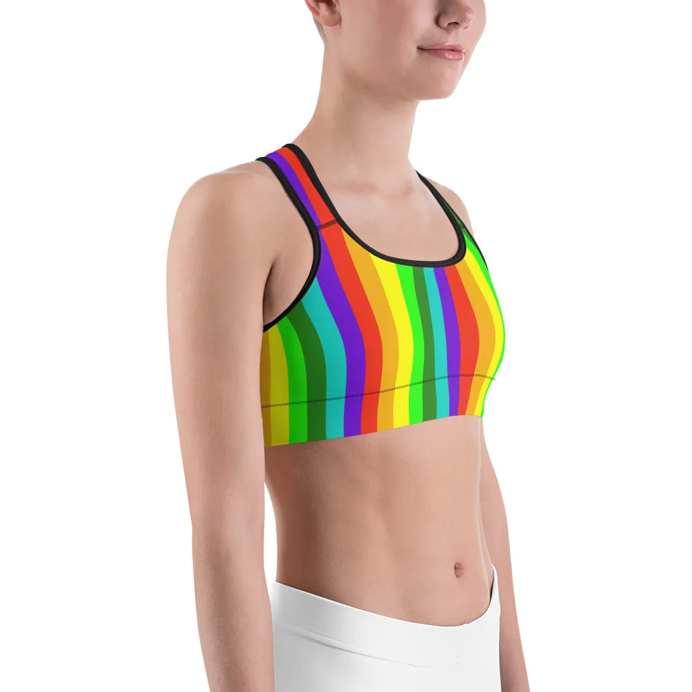 Rainbow Striped Women's Sports Bra, Colorful Bright Workout Fitness Bra-Made in USA/EU (XS-2XL)