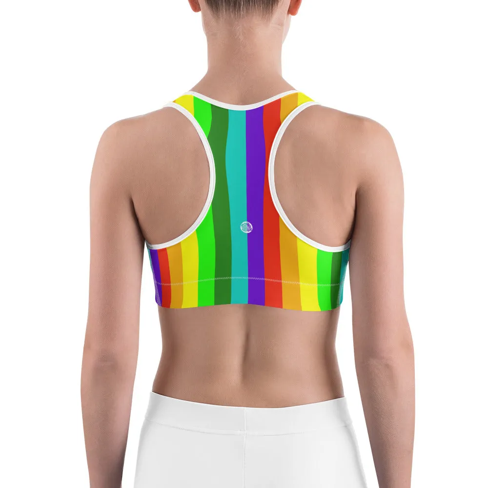 Rainbow Striped Women's Sports Bra, Colorful Bright Workout Fitness Bra-Made in USA/EU (XS-2XL)