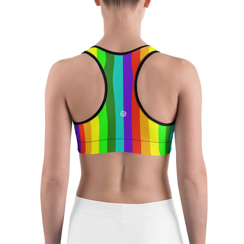 Rainbow Striped Women's Sports Bra, Colorful Bright Workout Fitness Bra-Made in USA/EU (XS-2XL)