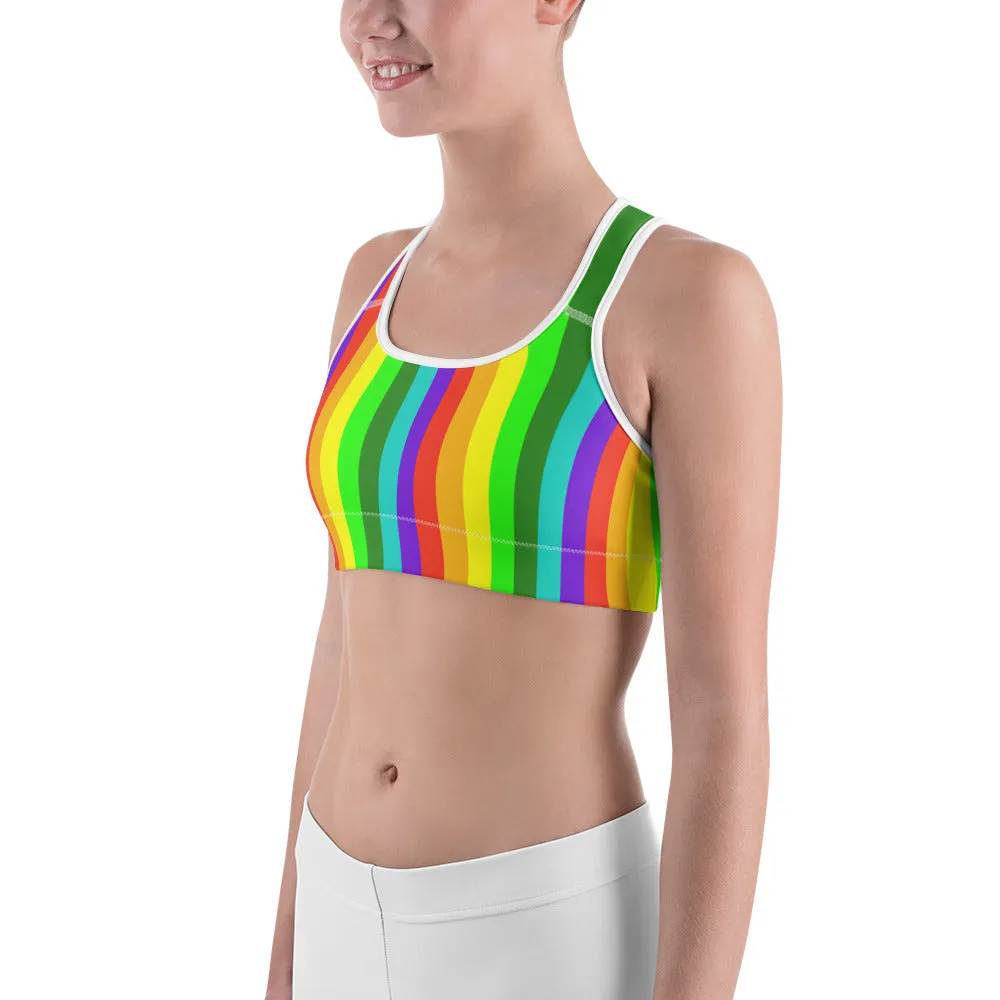 Rainbow Striped Women's Sports Bra, Colorful Bright Workout Fitness Bra-Made in USA/EU (XS-2XL)