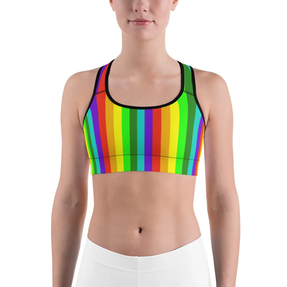 Rainbow Striped Women's Sports Bra, Colorful Bright Workout Fitness Bra-Made in USA/EU (XS-2XL)