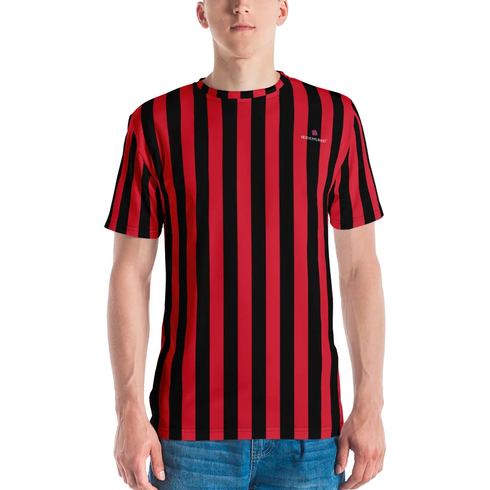 Red Black Striped Men's T-shirt, Regular Fit Designer Short Sleeves Crew Neck Tees For Men