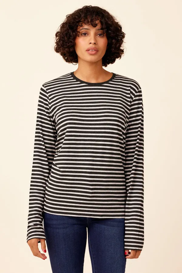 Soft Touch Striped Semi Relaxed Crewneck in Anthracite Chine/Black