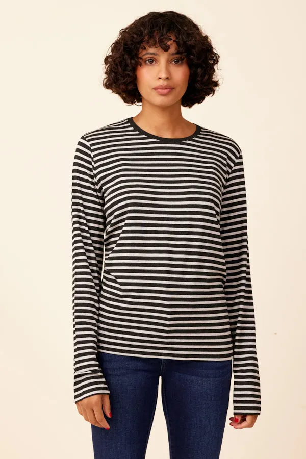 Soft Touch Striped Semi Relaxed Crewneck in Anthracite Chine/Black