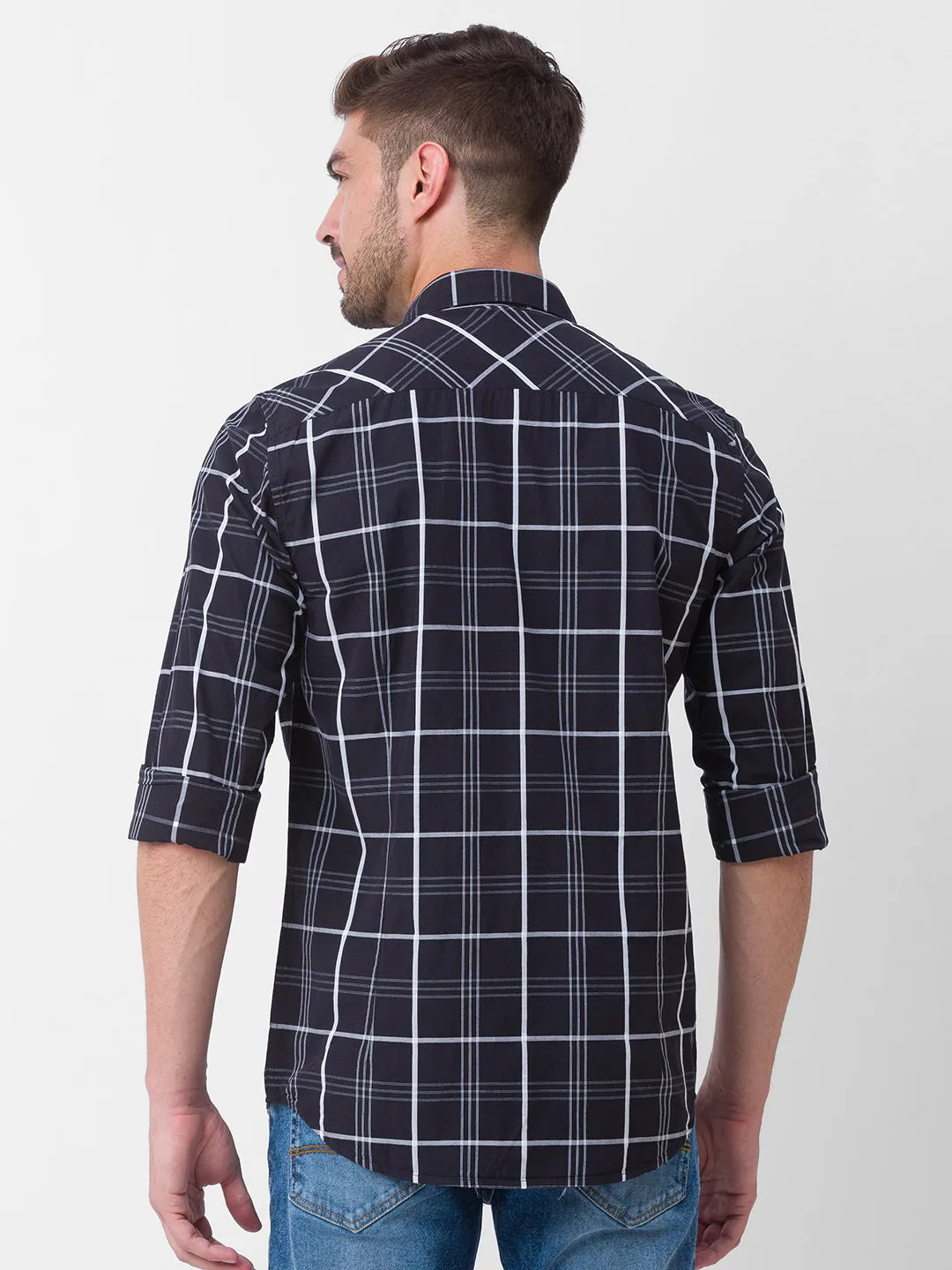 Spykar Black Cotton Full Sleeve Checks Shirt For Men