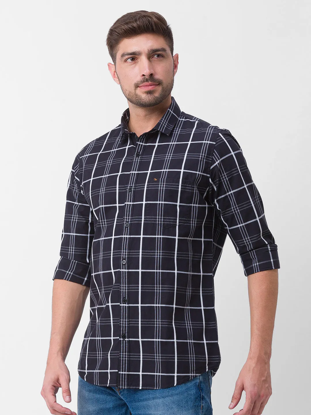 Spykar Black Cotton Full Sleeve Checks Shirt For Men