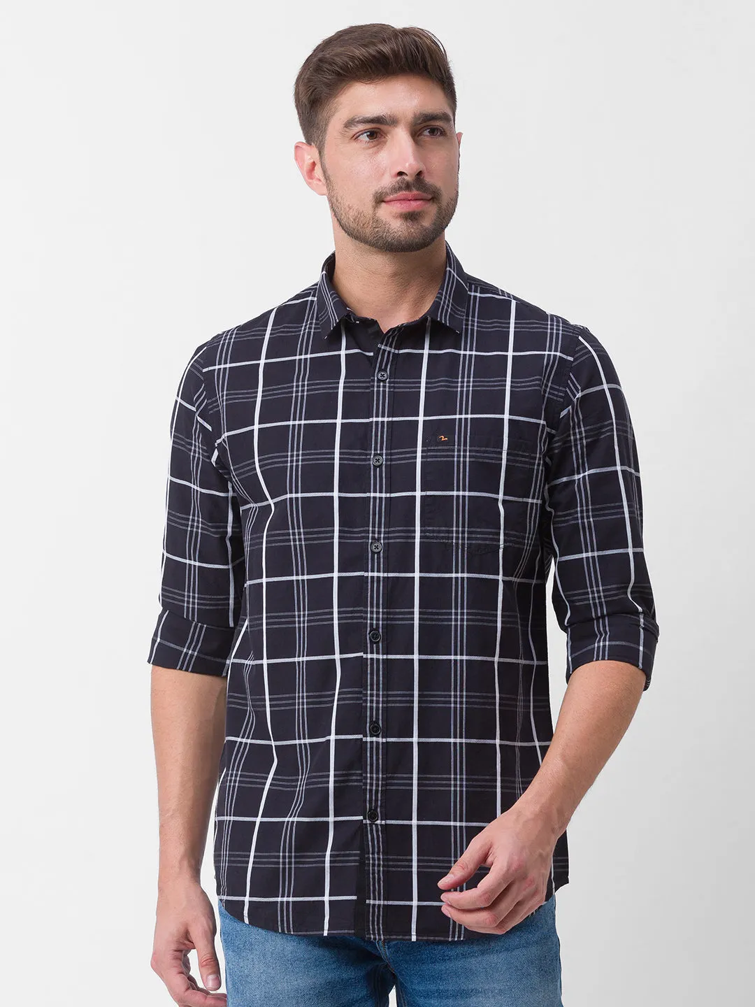 Spykar Black Cotton Full Sleeve Checks Shirt For Men