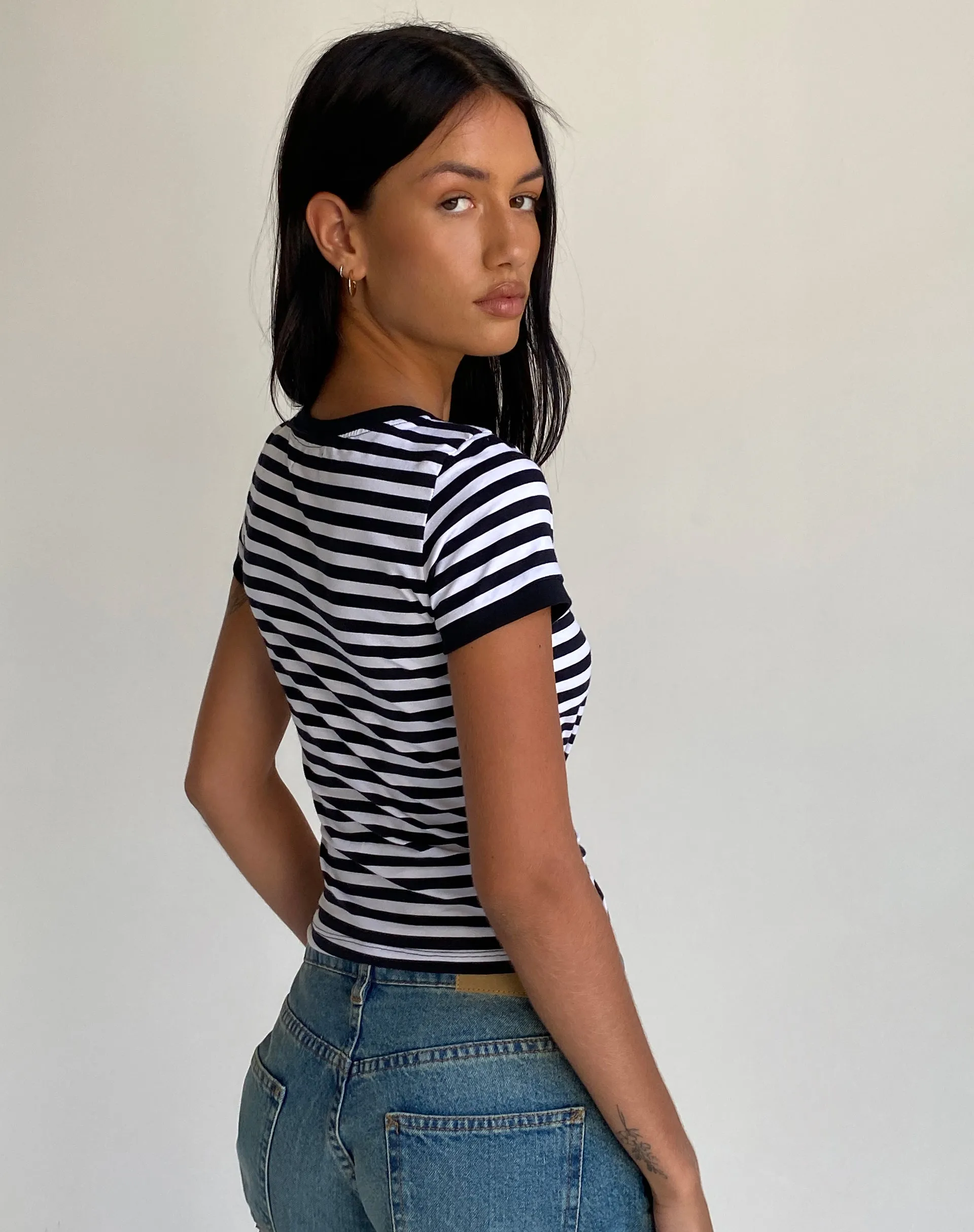 Sutin Tee in Black and White Stripe with M Embro