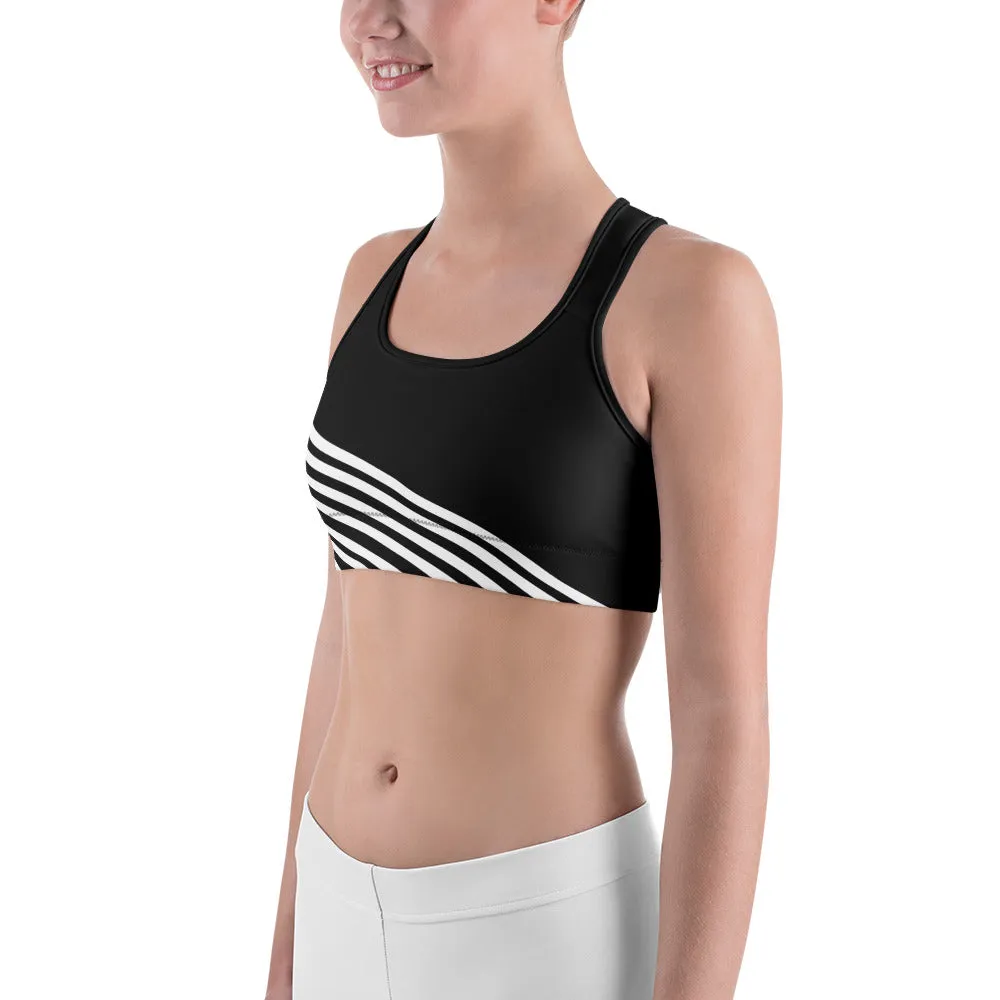 White Diagonal Striped Sports Bra, Black Stripe Print Women's Unpadded Bra-Made in USA/ EU