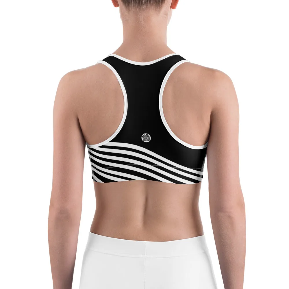 White Diagonal Striped Sports Bra, Black Stripe Print Women's Unpadded Bra-Made in USA/ EU