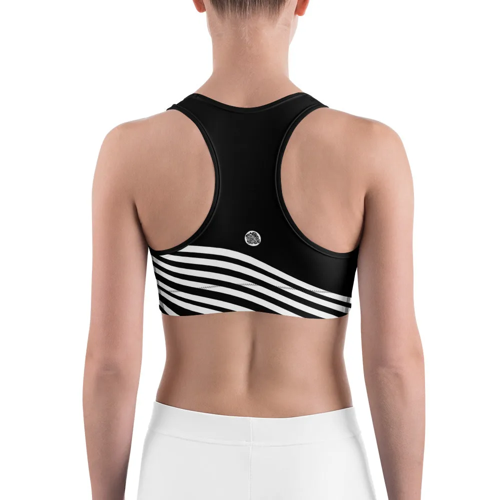 White Diagonal Striped Sports Bra, Black Stripe Print Women's Unpadded Bra-Made in USA/ EU