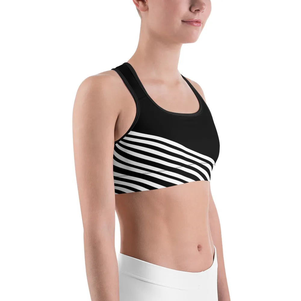 White Diagonal Striped Sports Bra, Black Stripe Print Women's Unpadded Bra-Made in USA/ EU