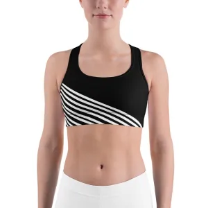 White Diagonal Striped Sports Bra, Black Stripe Print Women's Unpadded Bra-Made in USA/ EU