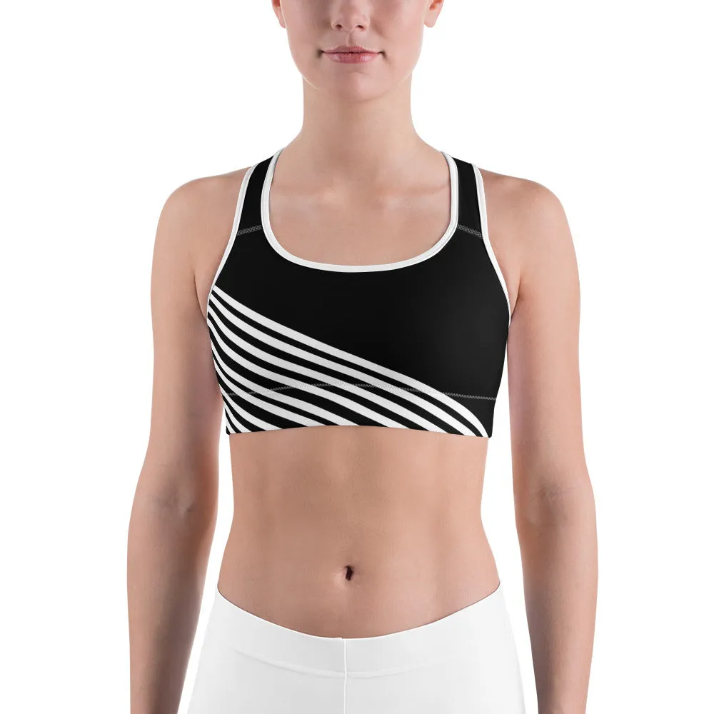 White Diagonal Striped Sports Bra, Black Stripe Print Women's Unpadded Bra-Made in USA/ EU