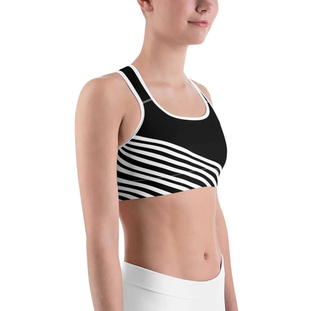 White Diagonal Striped Sports Bra, Black Stripe Print Women's Unpadded Bra-Made in USA/ EU