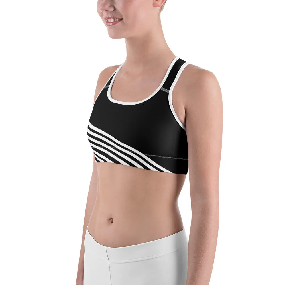 White Diagonal Striped Sports Bra, Black Stripe Print Women's Unpadded Bra-Made in USA/ EU