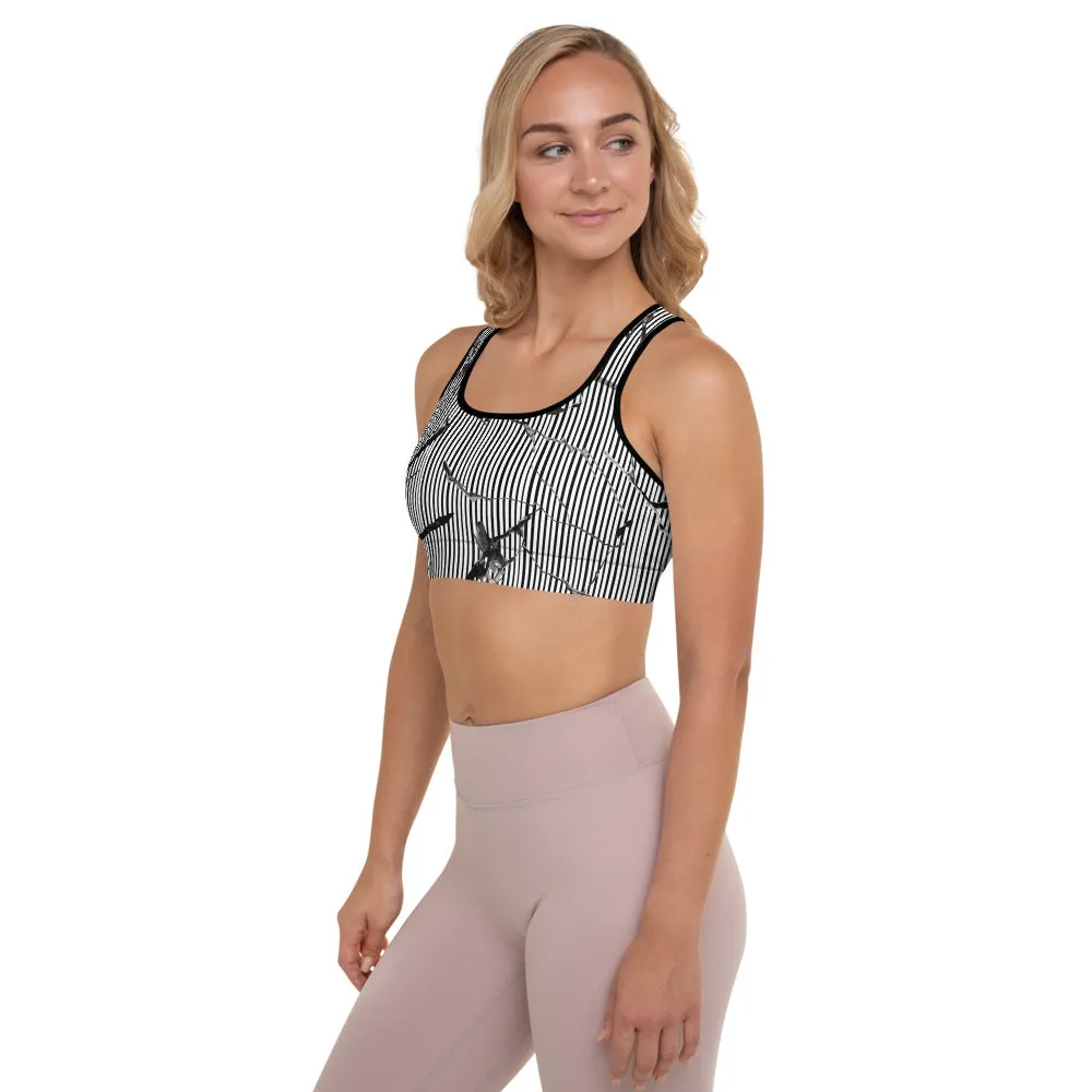 White Marble Vertical Striped Bra, Women's Padded Fitness Sports Bra- Made in USA/EU