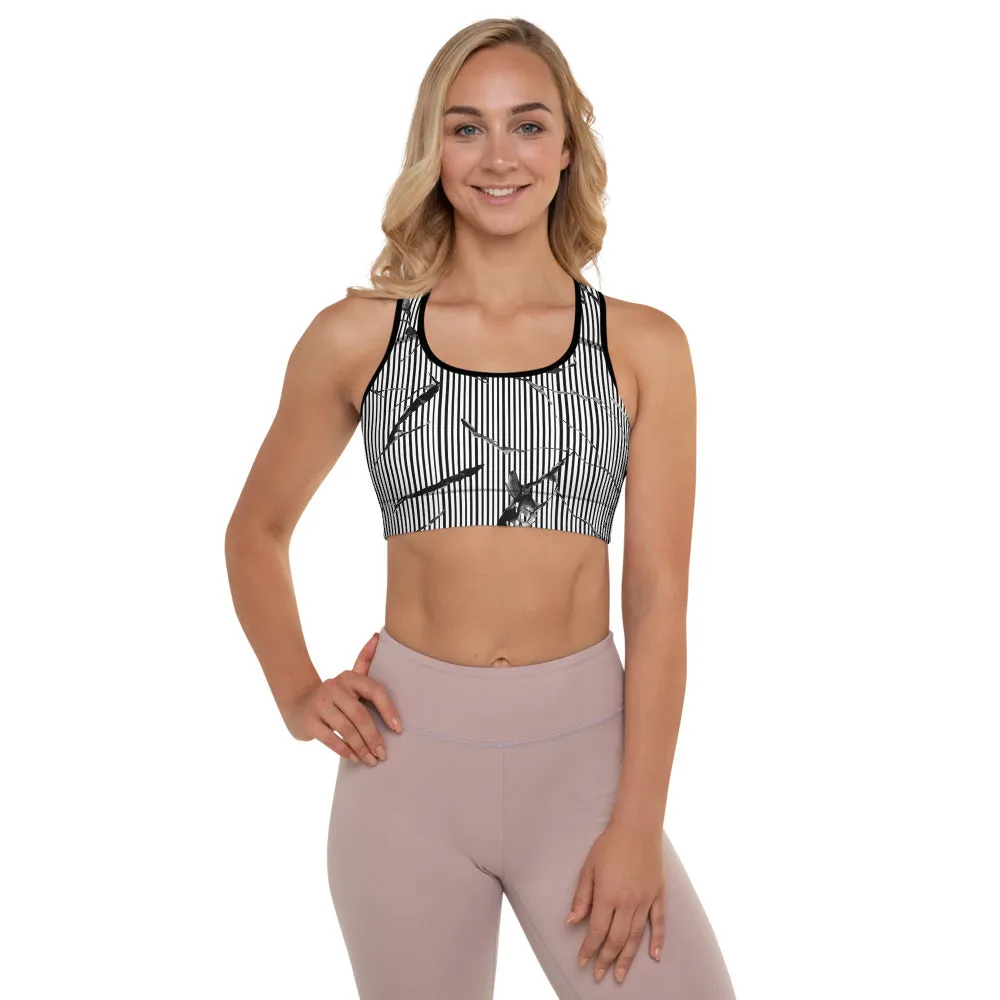 White Marble Vertical Striped Bra, Women's Padded Fitness Sports Bra- Made in USA/EU